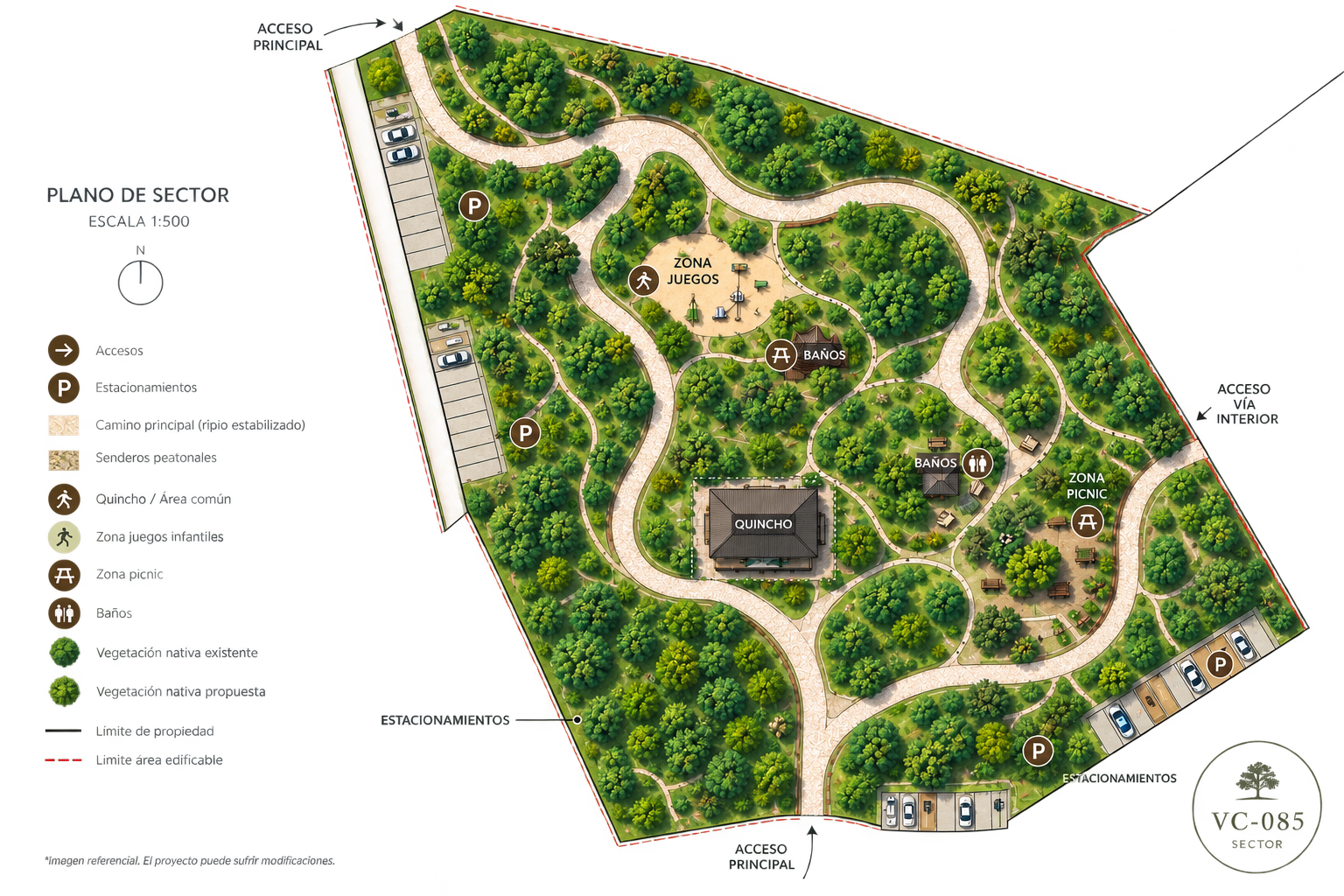 Plano del sector de áreas comunes: quincho, zona de juegos infantiles, zona de picnic, baños, estacionamientos y senderos peatonales